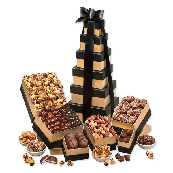 Six-box tower of gourmet treats with sweet, salty flavors-finished with your... from ASI 68680 Maple Ridge Farms Inc