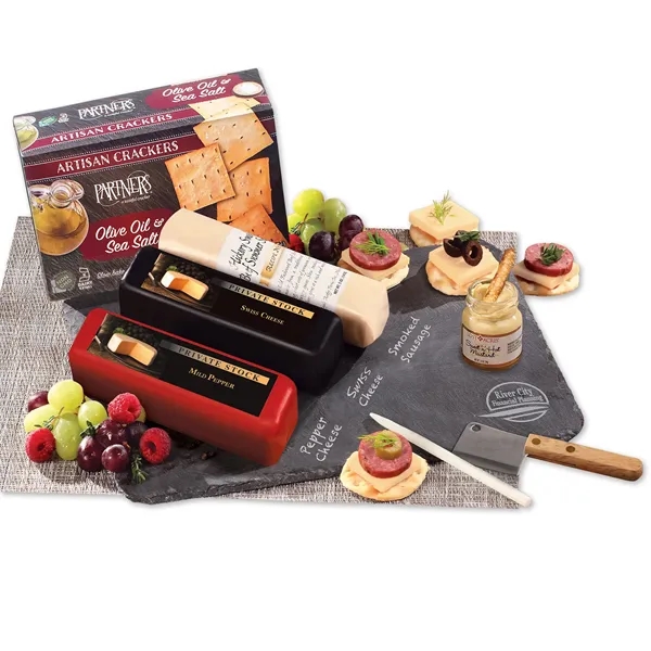 Slate cheese plate with Wisconsin cheese & sausage-an elegant, reusable gift... from ASI 68680 Maple Ridge Farms Inc