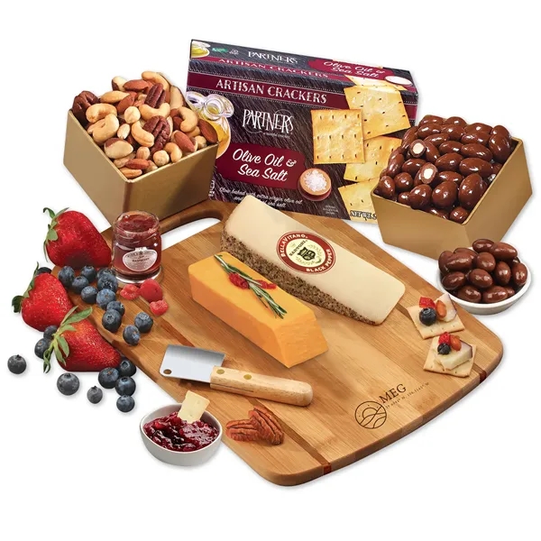 Wisconsin cheese & gourmet treats on a bamboo board-firebranded with your... from ASI 68680 Maple Ridge Farms Inc