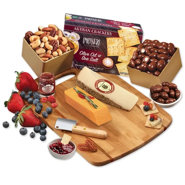 Wisconsin cheese & gourmet treats on a bamboo board-firebranded with your... from ASI 68680 Maple Ridge Farms Inc