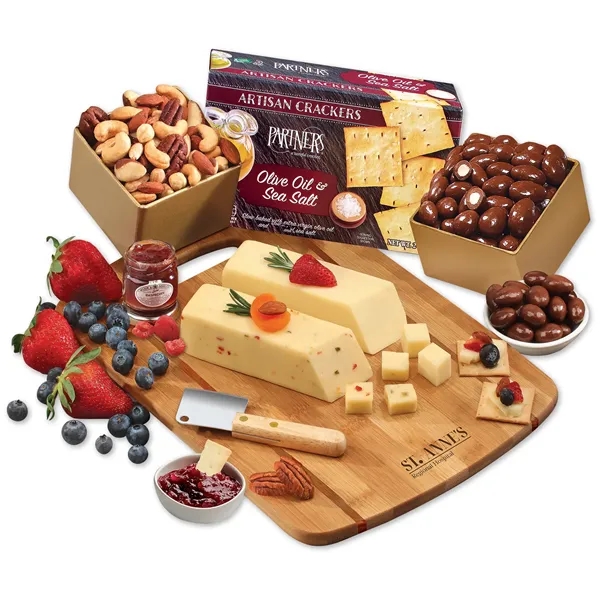 Wisconsin cheese & gourmet treats on a bamboo board-firebranded with your... from ASI 68680 Maple Ridge Farms Inc