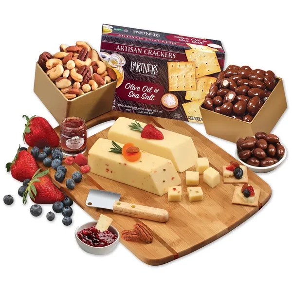 Wisconsin cheese & gourmet treats on a bamboo board-firebranded with your... from ASI 68680 Maple Ridge Farms Inc