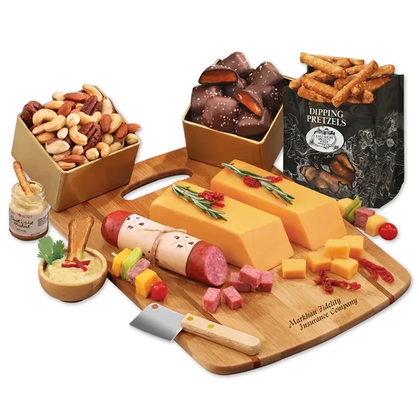 Bamboo charcuterie board with gourmet snacks-your logo firebranded for a gift... from ASI 68680 Maple Ridge Farms Inc
