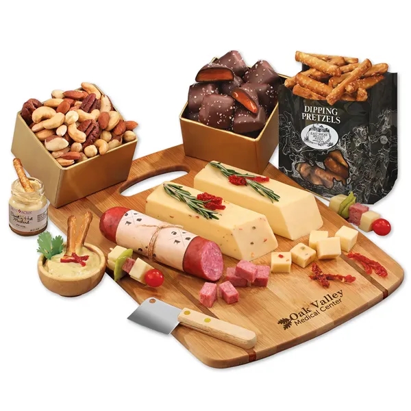 Bamboo charcuterie board with gourmet snacks-your logo firebranded for a reusable,... from ASI 68680 Maple Ridge Farms Inc