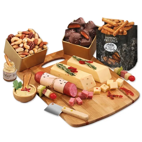 Bamboo charcuterie board with gourmet snacks-your logo firebranded for a reusable,... from ASI 68680 Maple Ridge Farms Inc