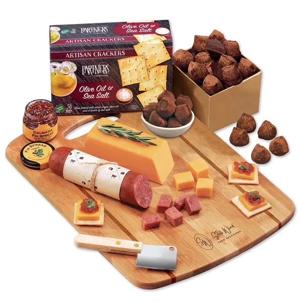 Cheese, sausage & fig spread on a bamboo board-firebranded with your... from ASI 68680 Maple Ridge Farms Inc