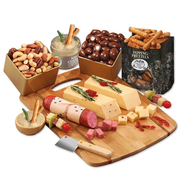 Shelf-stable cheese & gourmet snacks on a bamboo board-firebranded with your... from ASI 68680 Maple Ridge Farms Inc
