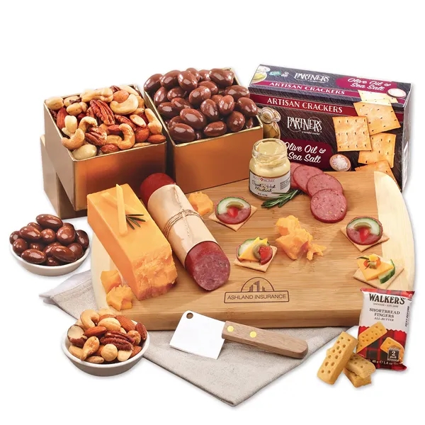 Charcuterie party starts with cheese & snacks on a bamboo board-firebranded... from ASI 68680 Maple Ridge Farms Inc