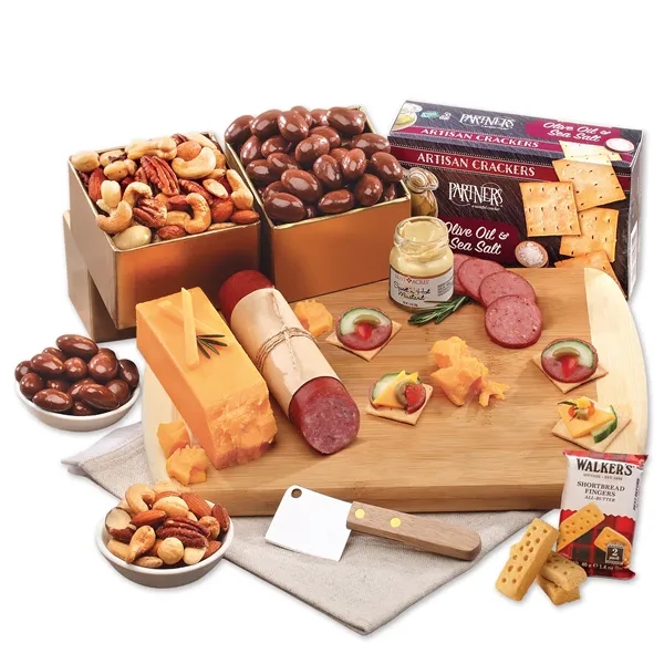 Charcuterie party starts with cheese & snacks on a bamboo board-firebranded... from ASI 68680 Maple Ridge Farms Inc