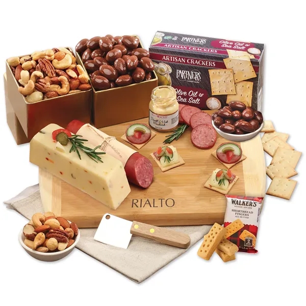 Charcuterie party starts with cheese & snacks on a bamboo board-firebranded... from ASI 68680 Maple Ridge Farms Inc