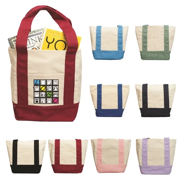 12oz canvas mini tote inspired by grocery carryalls. Contrast handles and... from ASI 46420 Continental Mkting Svc Inc