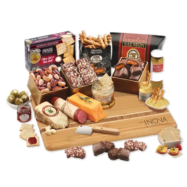 Gourmet feast with cheese, sausage & sweets on a large bamboo... from ASI 68680 Maple Ridge Farms Inc