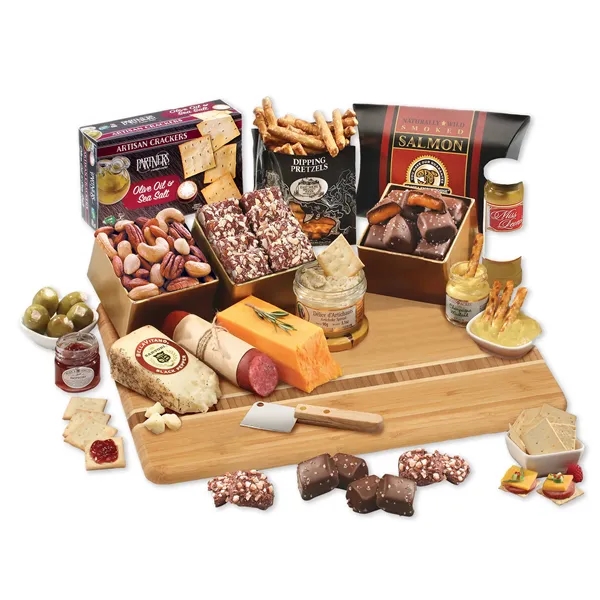 Gourmet feast with cheese, sausage & sweets on a large bamboo... from ASI 68680 Maple Ridge Farms Inc