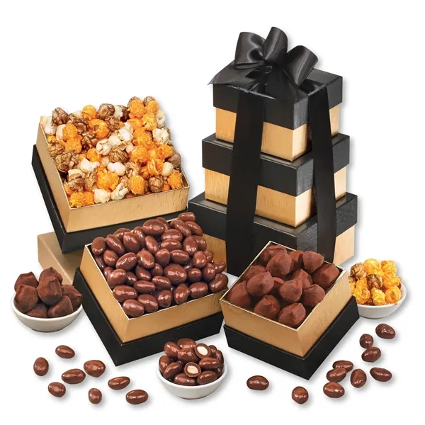 Elegant gift tower with sweet, salty, and creamy treats-tied with your... from ASI 68680 Maple Ridge Farms Inc