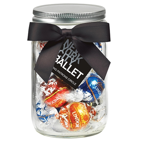12 oz. glass mason jar filled with 12 pieces of Lindt®... from ASI 71685 Midnite Snax®