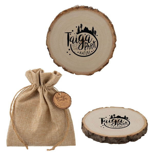 Natural Poplar wood coaster in a drawstring burlap bag.... from ASI 62190 Illini