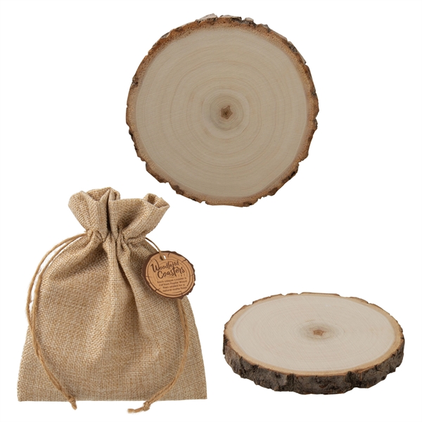 Natural Poplar wood coaster in a drawstring burlap bag.... from ASI 62190 Illini