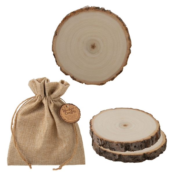 Natural Poplar wood coaster duo in a drawstring burlap bag.... from ASI 62190 Illini