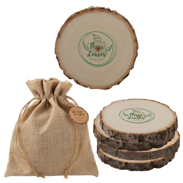 Natural Poplar wood coaster set in a drawstring burlap bag.... from ASI 62190 Illini