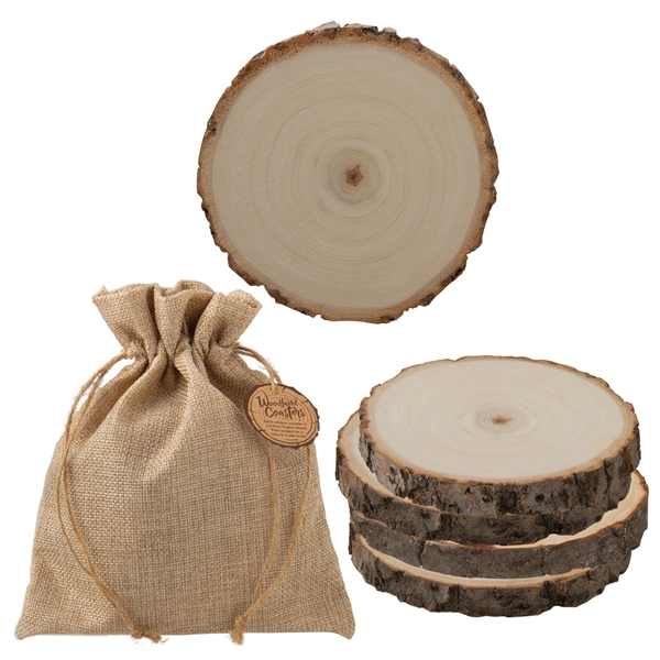 Natural Poplar wood coaster set in a drawstring burlap bag.... from ASI 62190 Illini