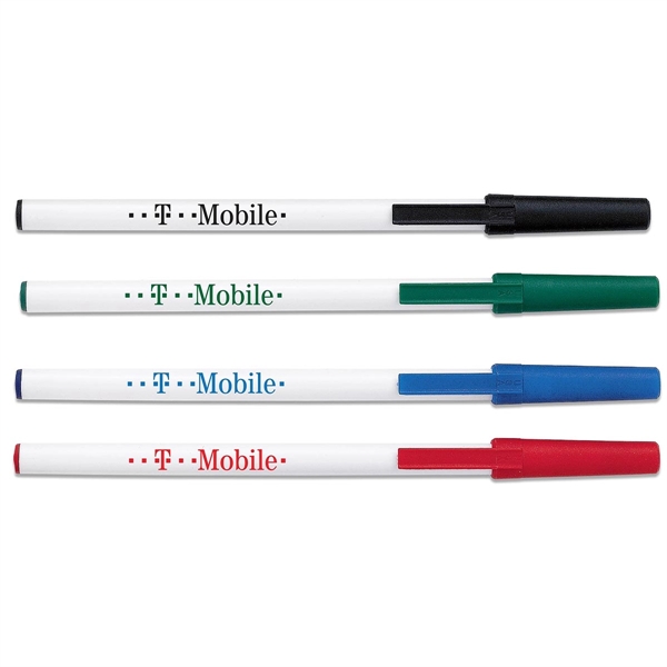 Stick pen with cap, black ink medium point. White barrel with... from ASI 83770 Royal Industries / The Royal Line