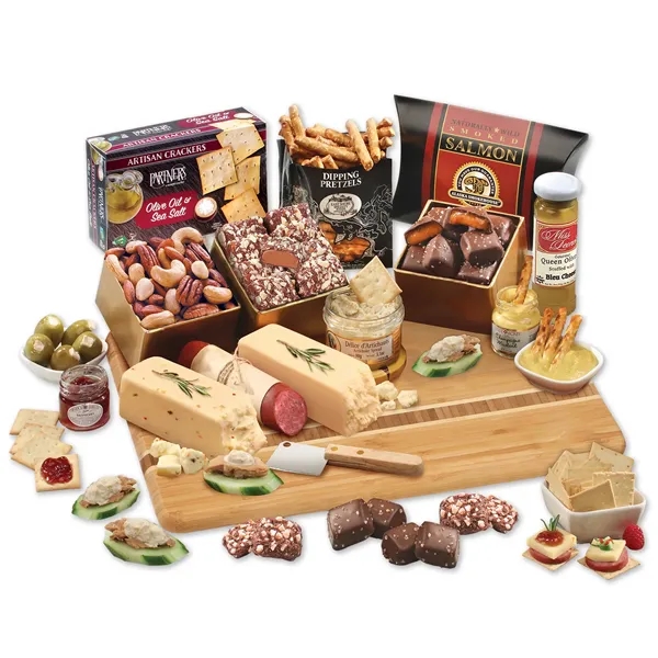 Chocolates, nuts, cheese, sausage, and more on a branded bamboo board... from ASI 68680 Maple Ridge Farms Inc