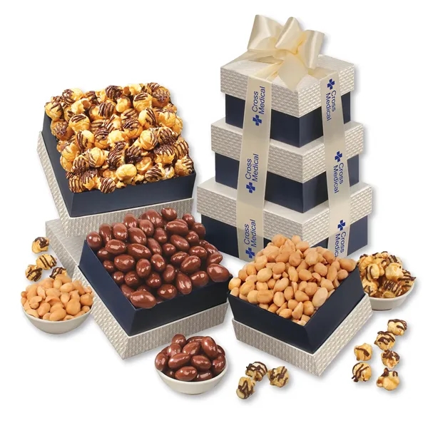 Stylish treat tower with chocolate almonds, peanuts & caramel corn, tied... from ASI 68680 Maple Ridge Farms Inc