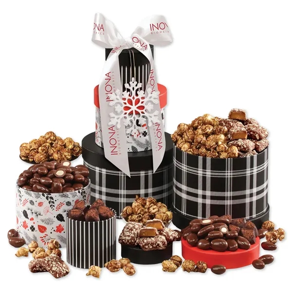 Three patterned boxes filled with sweet treats, tied with custom ribbon... from ASI 68680 Maple Ridge Farms Inc
