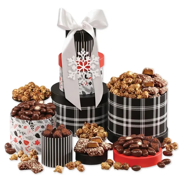 Three patterned boxes filled with sweet treats, tied with custom ribbon... from ASI 68680 Maple Ridge Farms Inc