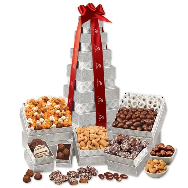 Silver tower with sweet & savory treats in reusable boxes, tied... from ASI 68680 Maple Ridge Farms Inc
