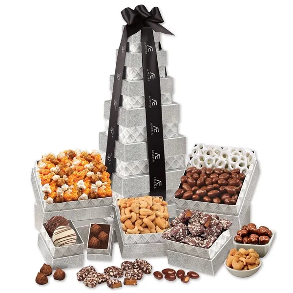 Silver tower with sweet & savory treats in reusable boxes, tied... from ASI 68680 Maple Ridge Farms Inc