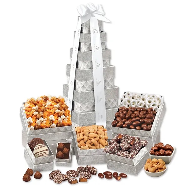 Silver tower with sweet & savory treats in reusable boxes, tied... from ASI 68680 Maple Ridge Farms Inc
