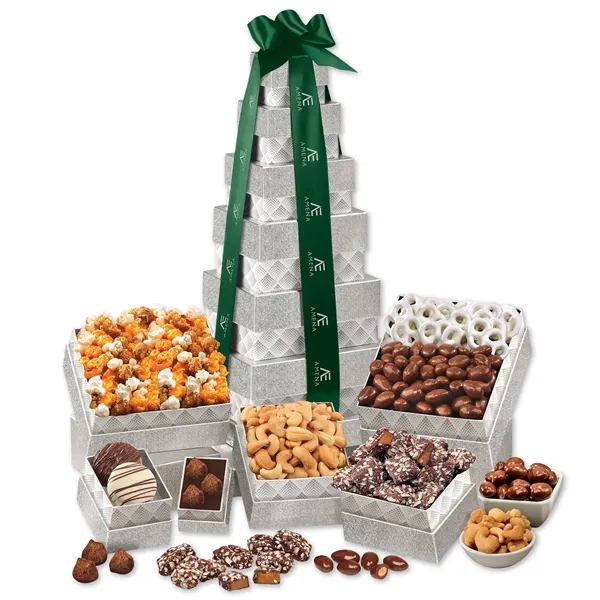 Silver tower with sweet & savory treats in reusable boxes, tied... from ASI 68680 Maple Ridge Farms Inc