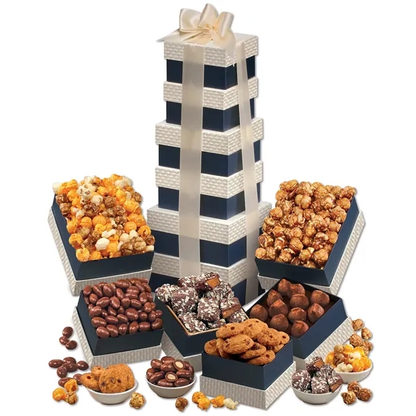 Six treats packed in elegant navy & pearl boxes tied with... from ASI 68680 Maple Ridge Farms Inc