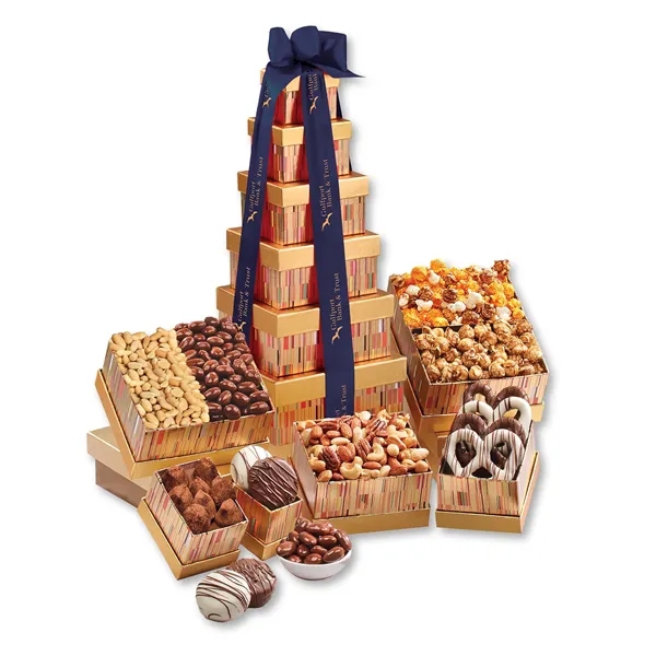 Gourmet tower with popcorn, nuts & chocolates is perfect for sharing... from ASI 68680 Maple Ridge Farms Inc