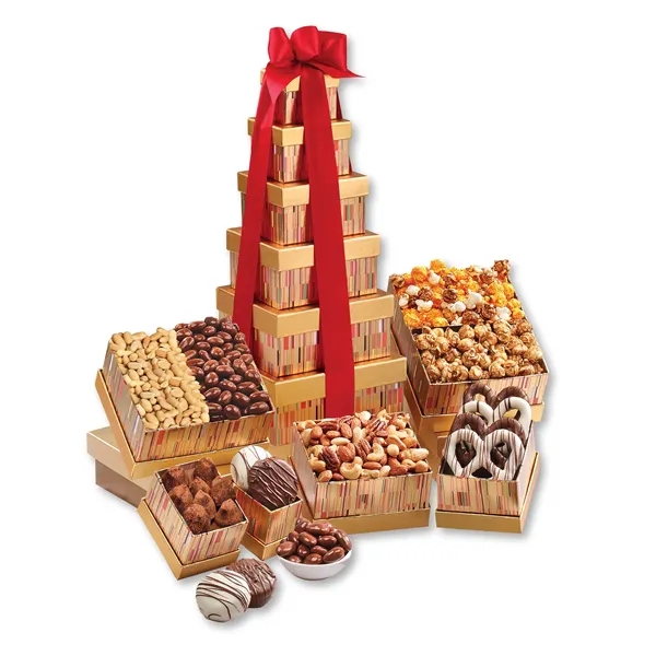 Gourmet tower with popcorn, nuts & chocolates is perfect for sharing... from ASI 68680 Maple Ridge Farms Inc