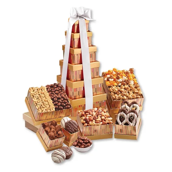 Gourmet tower with popcorn, nuts & chocolates is perfect for sharing... from ASI 68680 Maple Ridge Farms Inc