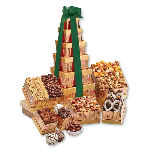 Gourmet tower with popcorn, nuts & chocolates is perfect for sharing... from ASI 68680 Maple Ridge Farms Inc