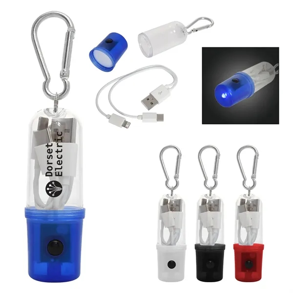 3-in-1 charging cable with a protective plastic case featuring a flashlight.... from ASI 61125 Hit Promotional Products / Hit®