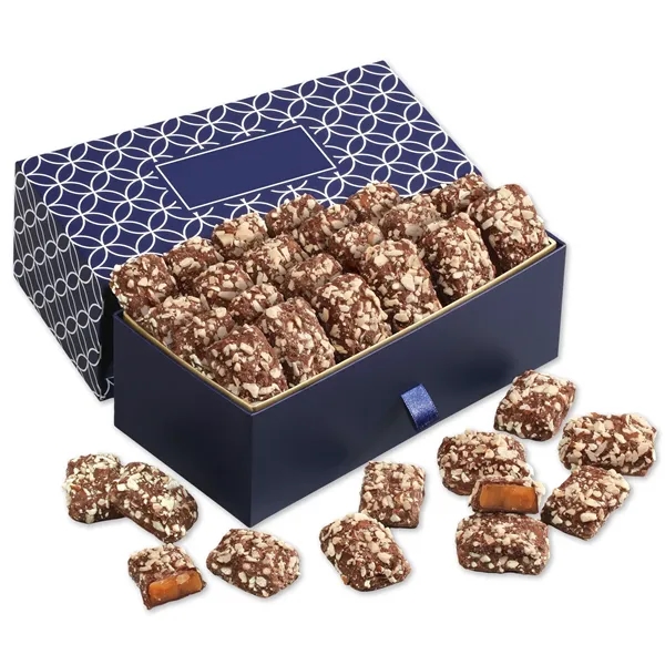 Navy & white drawer box with custom logo imprint. Pull ribbon... from ASI 68680 Maple Ridge Farms Inc