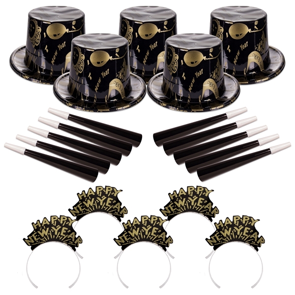 Ebony and gold colored New Year's Eve party kit for 50... from ASI 42016 Brighter Promotions Inc
