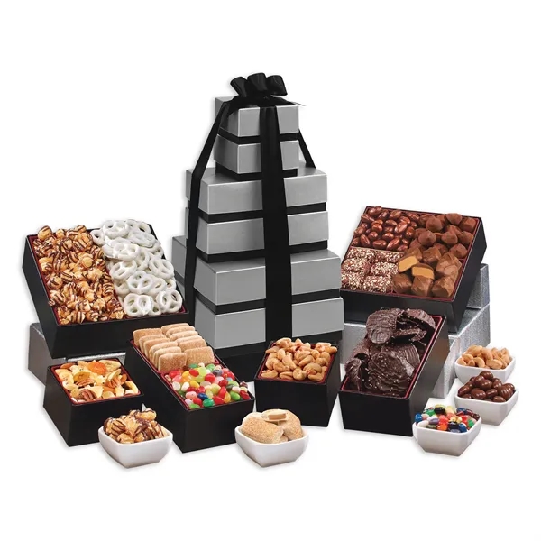 Giant treat tower with chocolates, snack mixes & more. A generous... from ASI 68680 Maple Ridge Farms Inc