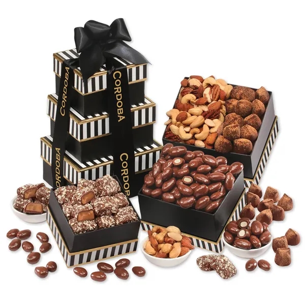 Black & white tower filled with chocolates, cookies, and other treats.... from ASI 68680 Maple Ridge Farms Inc