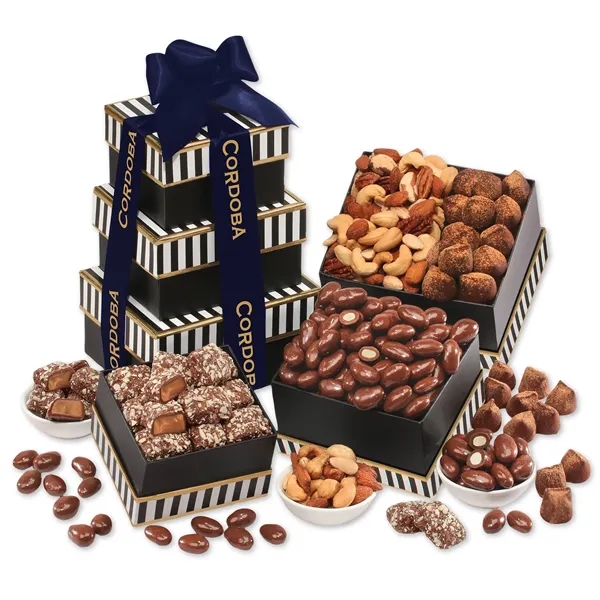 Black & white tower filled with chocolates, cookies, and other treats.... from ASI 68680 Maple Ridge Farms Inc