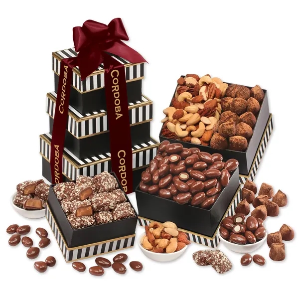Black & white tower filled with chocolates, cookies, and other treats.... from ASI 68680 Maple Ridge Farms Inc