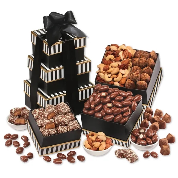 Black & white tower filled with chocolates, cookies, and other treats.... from ASI 68680 Maple Ridge Farms Inc