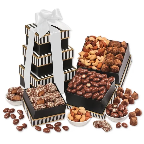 Black & white tower filled with chocolates, cookies, and other treats.... from ASI 68680 Maple Ridge Farms Inc