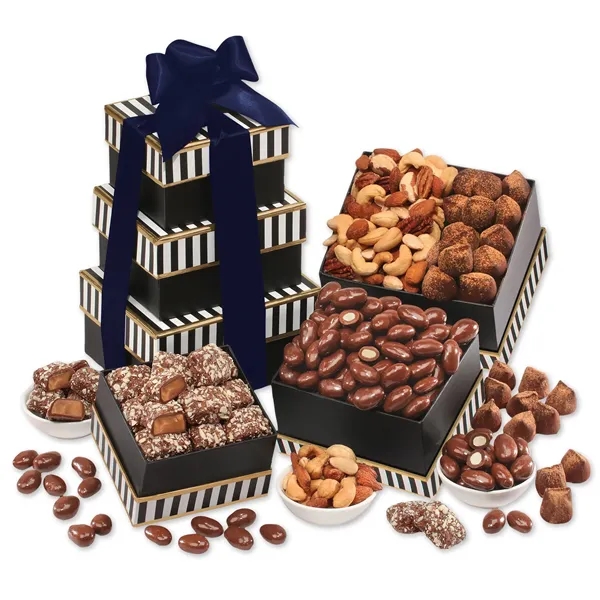 Black & white tower filled with chocolates, cookies, and other treats.... from ASI 68680 Maple Ridge Farms Inc