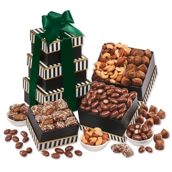 Black & white tower filled with chocolates, cookies, and other treats.... from ASI 68680 Maple Ridge Farms Inc