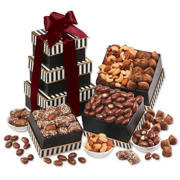 Black & white tower filled with chocolates, cookies, and other treats.... from ASI 68680 Maple Ridge Farms Inc